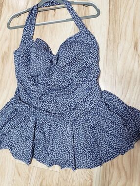 Plus Size Swim Suit Halter Tie Top Pleated Flowy Skirt One Piece 16w Or 1x Blue